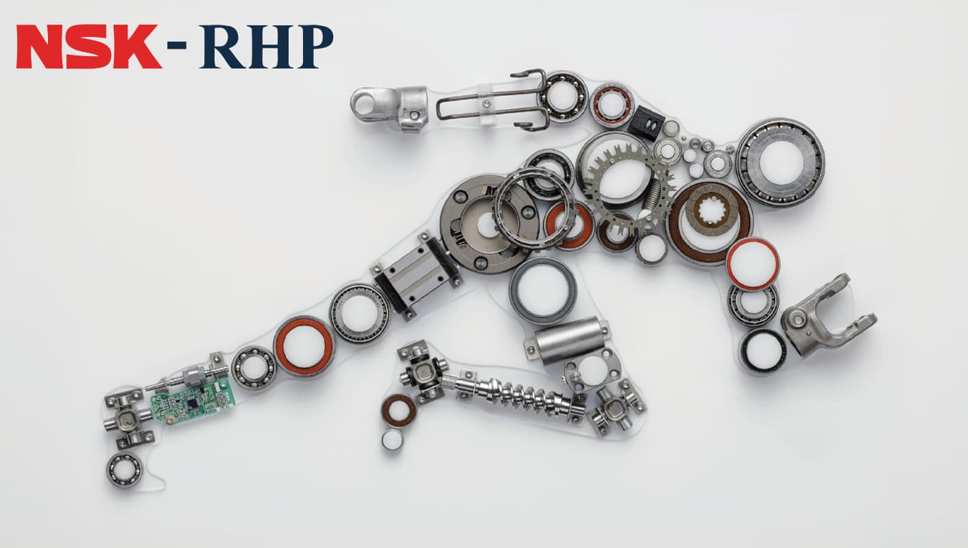 NSK-RHP logo and a collage of bearings forming a running person.