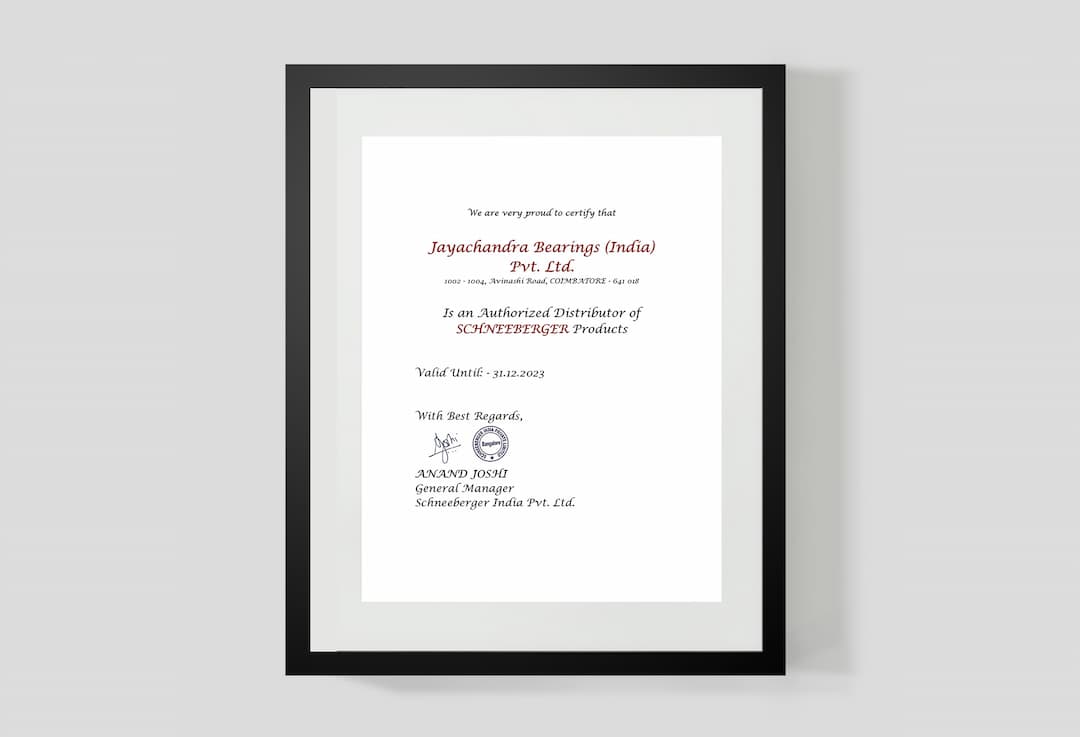 SCHNEEBERGER LINEAR BEARINGS Distributor Certificate