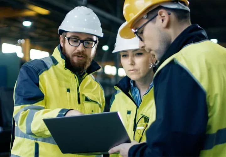 Engineers discussing plans on a laptop in an industrial setting