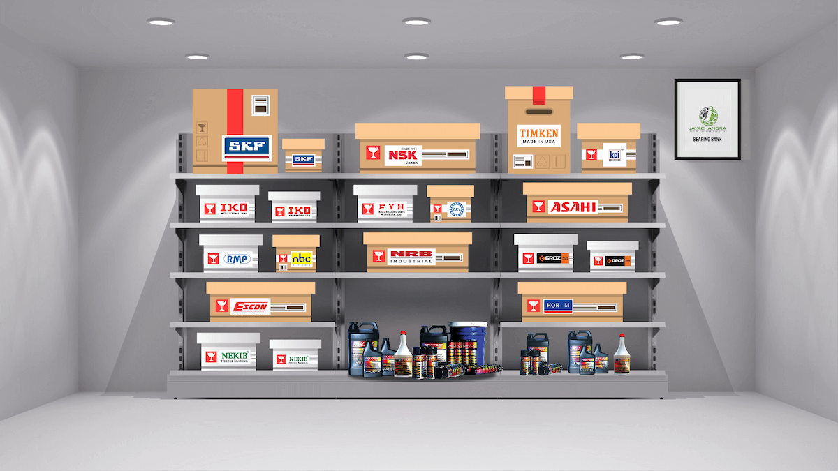 Shelves stocked with various bearing brands for a bearing bank service